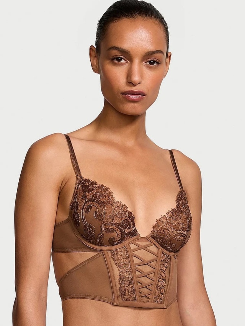 Victoria's Secret NWT Boho Floral Embroidery Low-Cut Demi Corset Top Brown Small